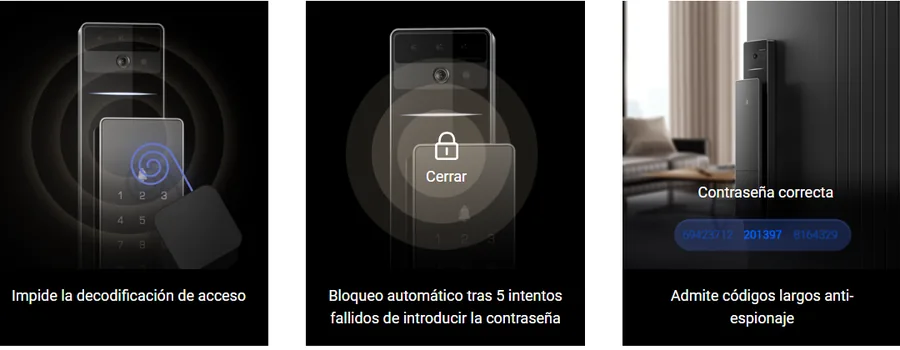 Prevención de decodificación, bloqueo tras cinco intentos fallidos y códigos anti-espionaje